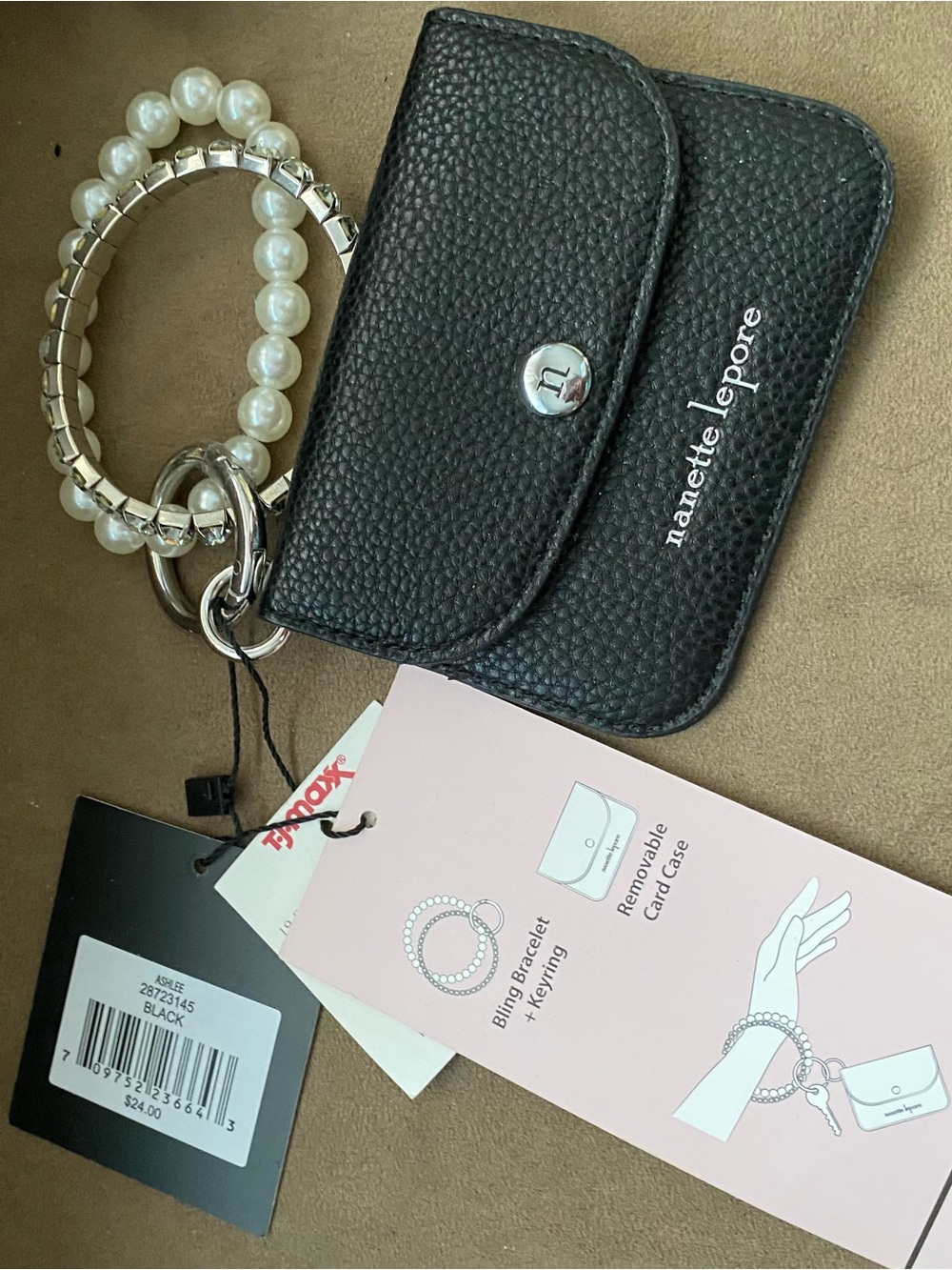Nanette Lepore Black Pebbled Leather Card Case Keyring Bracelet